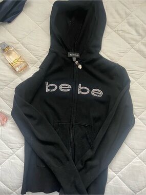 bebe Black Rhinestone Logo Zip-Up Hoodie